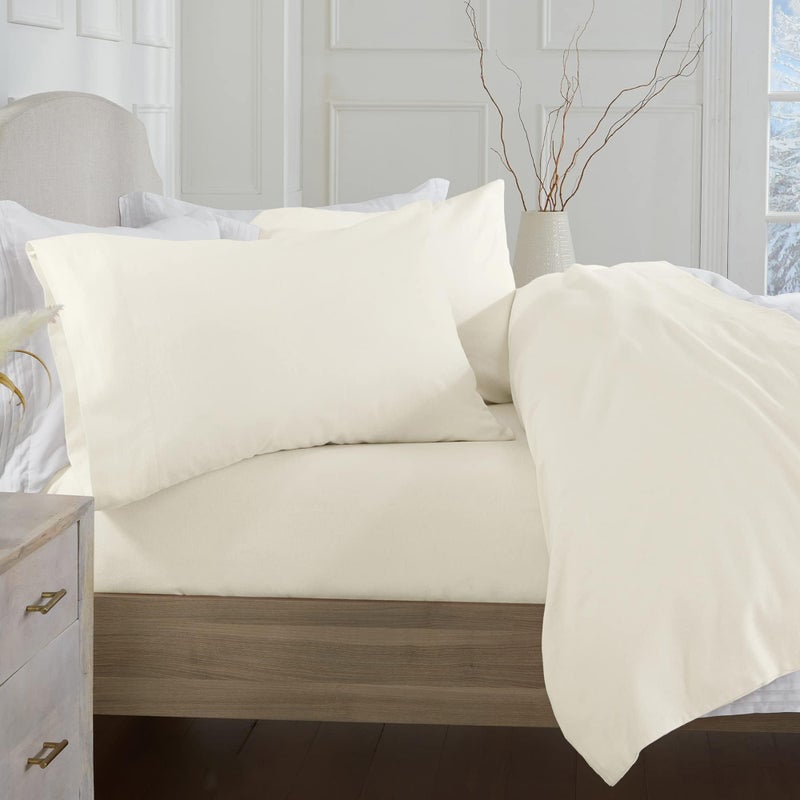 Market & Place 100% Turkish Cotton Flannel Sheet Set | 4 Piece Deep Pocket Solid Cozy Winter Bed Sheets | Double Brushed for Extra Softness & Comfort | Chalet Collection (Queen, Ivory) - Image 1